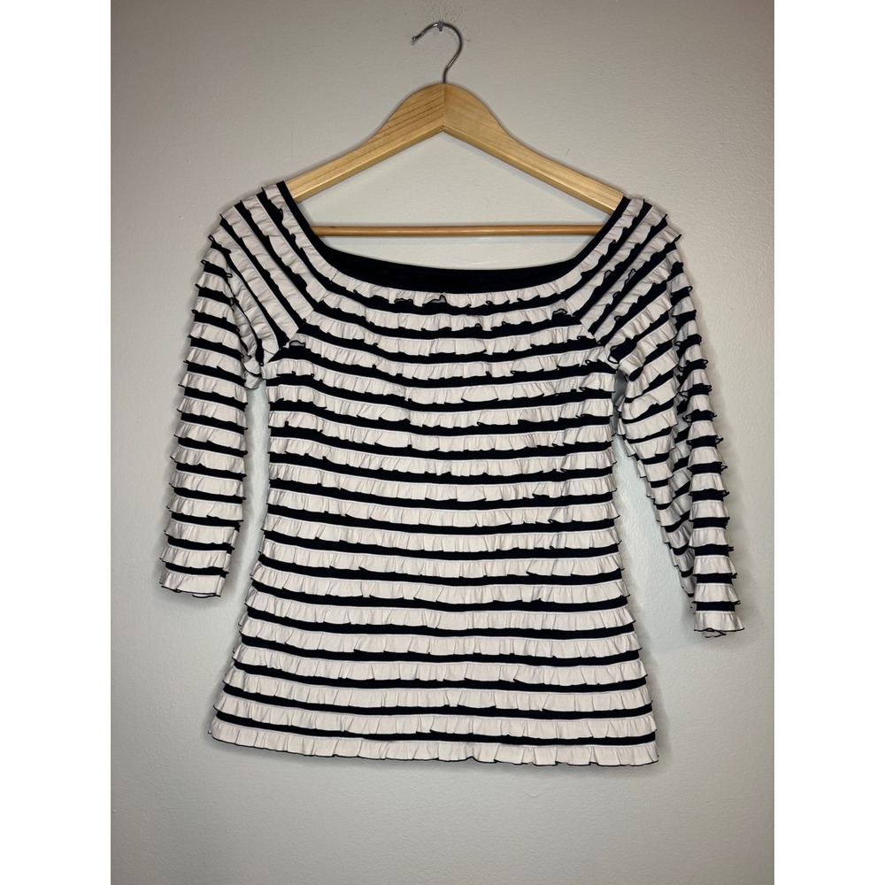 Joseph Ribkoff Black White Striped‎ Ruffle Boat Neck 3/4 Sleeve Top Size 4